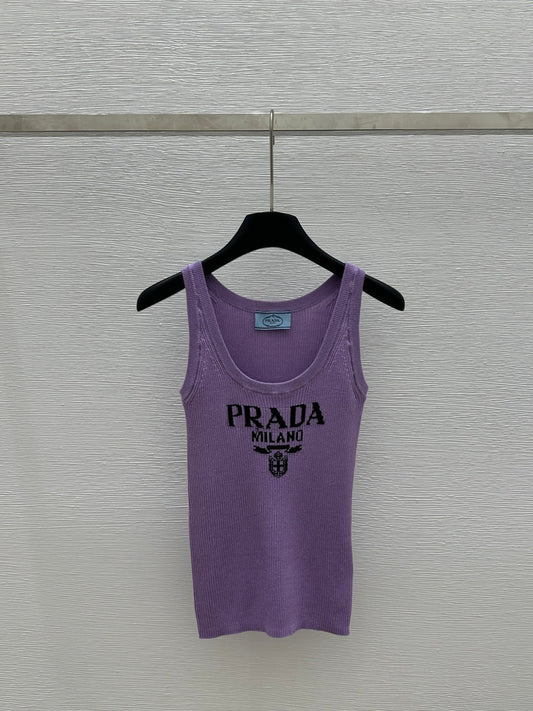 25ss Round neck color blocked letter knitted vest