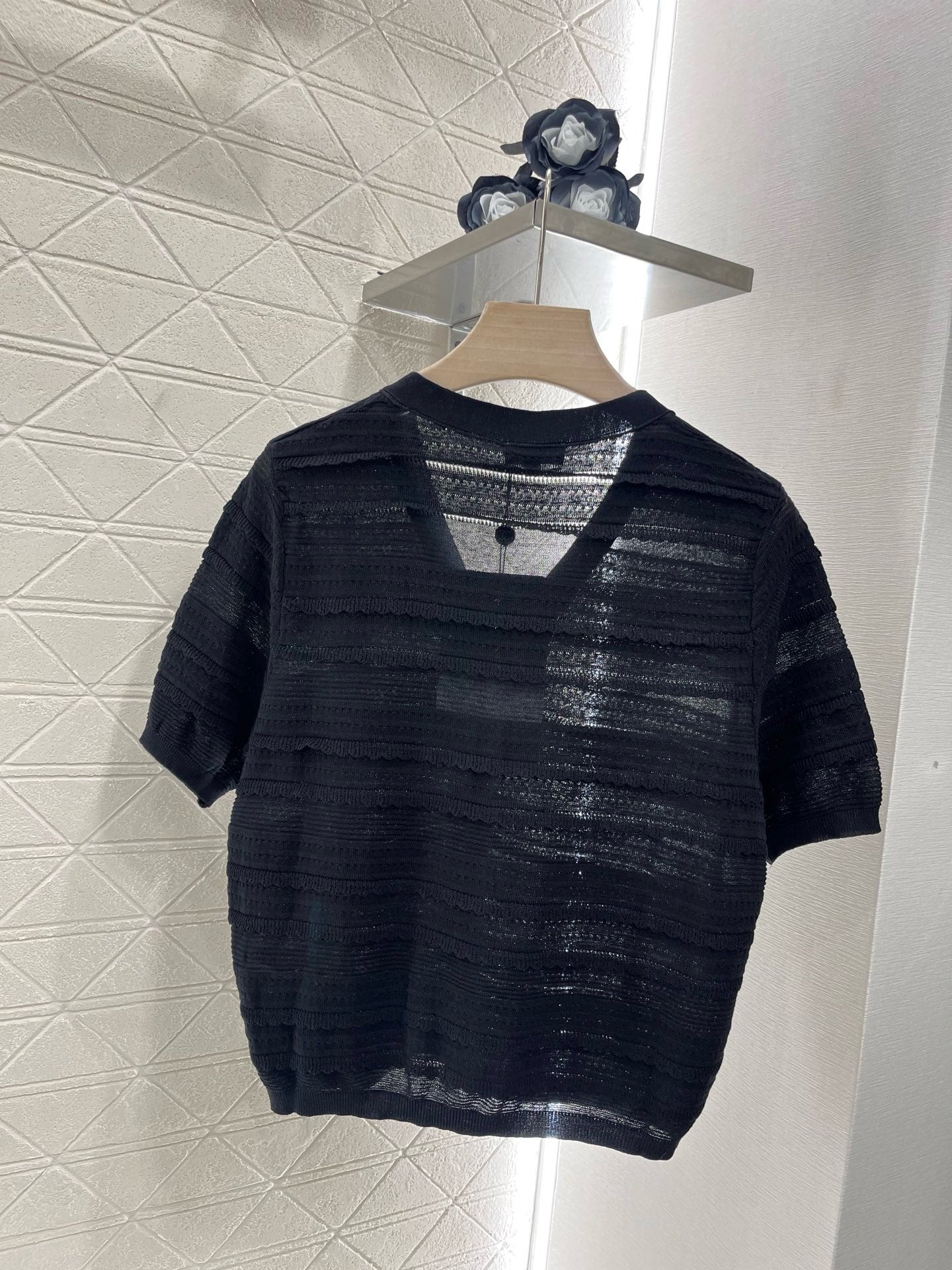 25SS New Lace V-neck Short Sleeve Sweater
