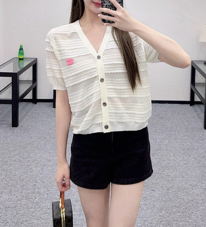 25SS New Lace V-neck Short Sleeve Sweater