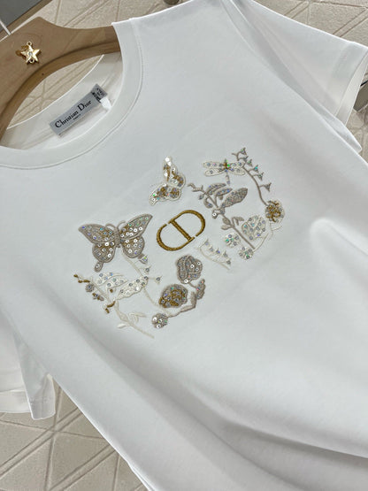 25SS New Embroidered Sequin Round Neck Short Sleeves