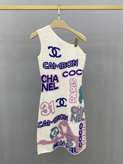 Logo jacquard sloping shoulder vest dress