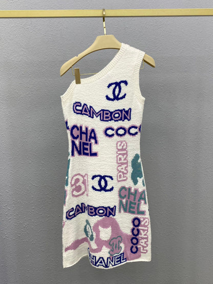 Logo jacquard sloping shoulder vest dress