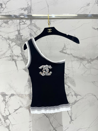 25ss Color blocked diagonal shoulder sleeveless ice silk knit