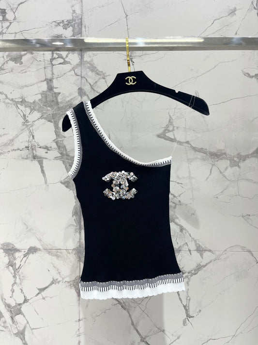 25ss Color blocked diagonal shoulder sleeveless ice silk knit