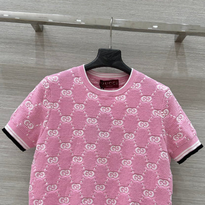 25SS Dopamine color retro jacquard full width GG knitted short sleeved shirt
