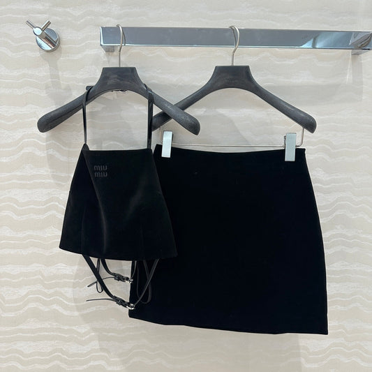 25SS Velvet strapless mini outfit with high waisted skirt set