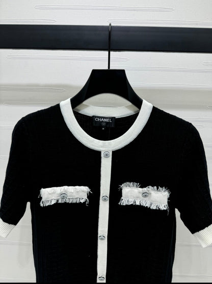 2025 spring and summer new tassel edge pocket knitted short sleeves