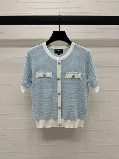 2025 spring and summer new tassel edge pocket knitted short sleeves