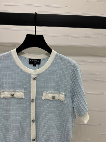 2025 spring and summer new tassel edge pocket knitted short sleeves