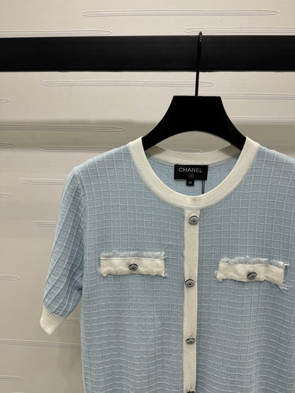 2025 spring and summer new tassel edge pocket knitted short sleeves