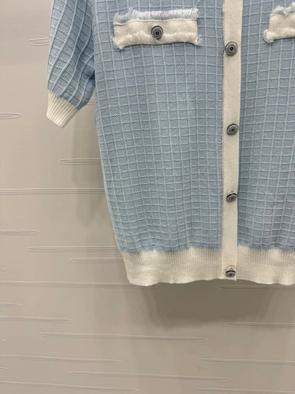 2025 spring and summer new tassel edge pocket knitted short sleeves