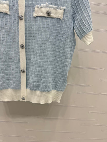 2025 spring and summer new tassel edge pocket knitted short sleeves