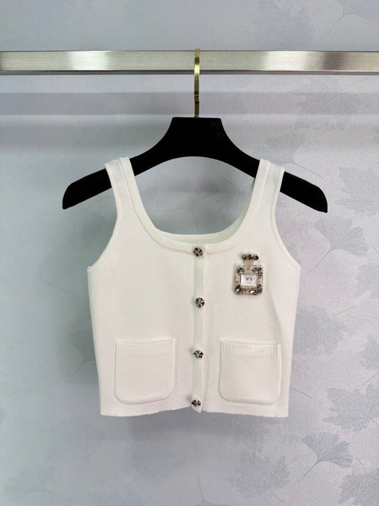 2025 spring and summer new white perfume bottle sticker diamond knitted camisole