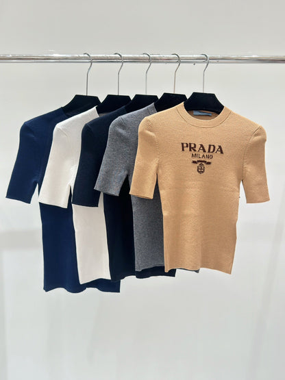2025 Gold thread letter embroidery knitted short sleeved shirt