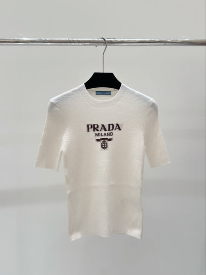 2025 Gold thread letter embroidery knitted short sleeved shirt