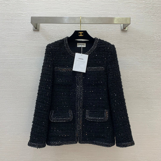25ss Fried Dough Twists hemmed sequin blended woven tweed small fragrance round neck long sleeve coat