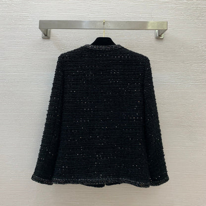 25ss Fried Dough Twists hemmed sequin blended woven tweed small fragrance round neck long sleeve coat