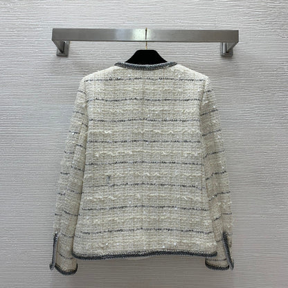 25ss Fried Dough Twists binding contrast stripe woven round neck long sleeve tweed coat