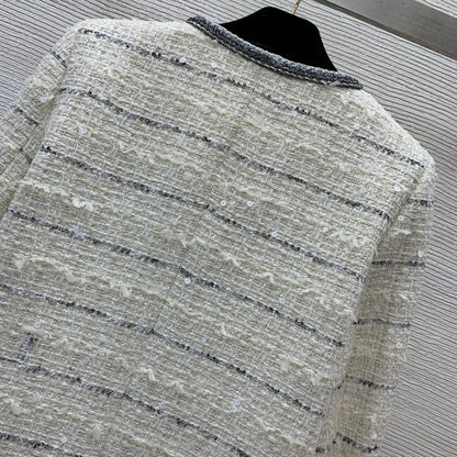 25ss Fried Dough Twists binding contrast stripe woven round neck long sleeve tweed coat