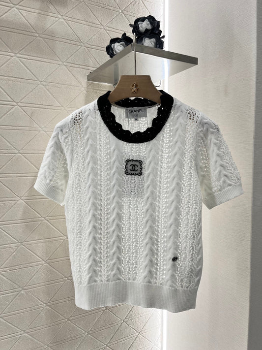 25SS Micro transparent contrasting knitted short sleeved shirt