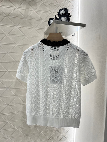 25SS Micro transparent contrasting knitted short sleeved shirt