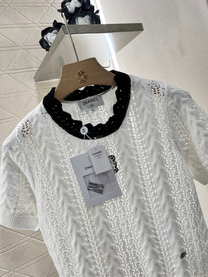 25SS Micro transparent contrasting knitted short sleeved shirt