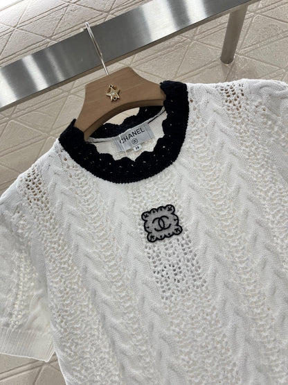 25SS Micro transparent contrasting knitted short sleeved shirt
