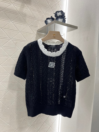 25SS Micro transparent contrasting knitted short sleeved shirt
