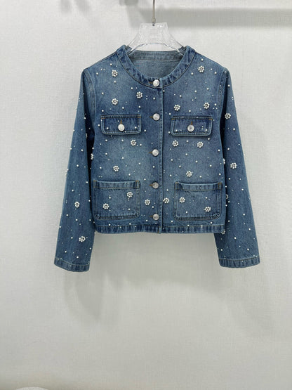 25ss 3D nail bead round neck denim jacket