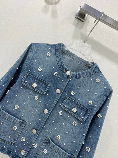 25ss 3D nail bead round neck denim jacket