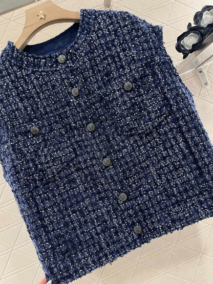 25ss Knitted silver silk dress sleeveless jacket