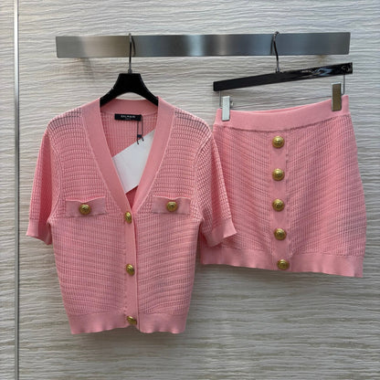 25ss Slimming V-neck Knitted Set V-neck Short sleeved Cardigan+Arm hugging Half Skirt