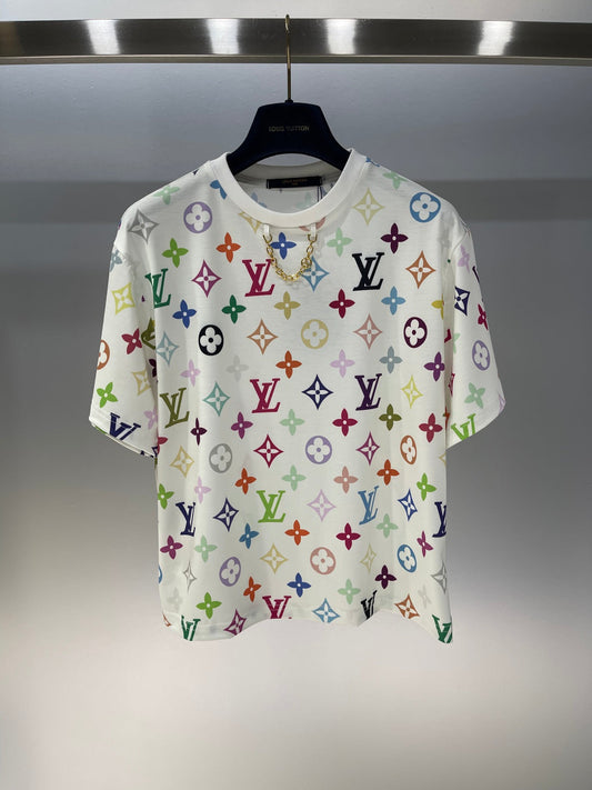 25 Colorful letter print chain round neck short sleeve T-shirt