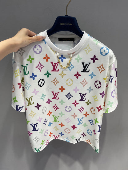25 Colorful letter print chain round neck short sleeve T-shirt
