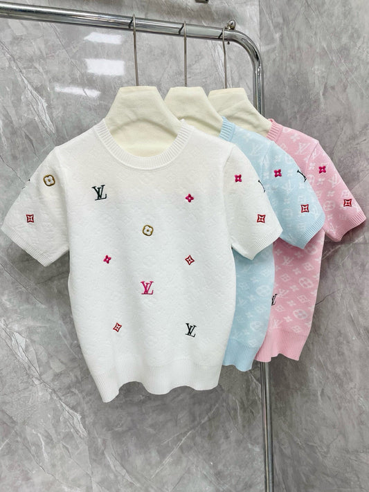 25 new letter old flower intarsia colorful embroidery embellished round neck short sleeves