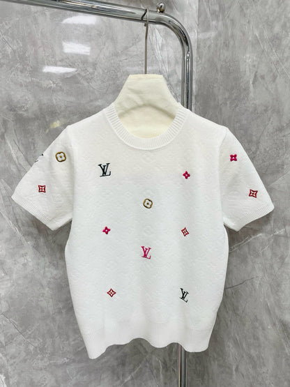 25 new letter old flower intarsia colorful embroidery embellished round neck short sleeves
