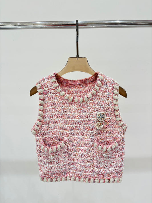 25 Early Spring New Round Neck Hand-beaded Tweed Heavy Knitted Vest