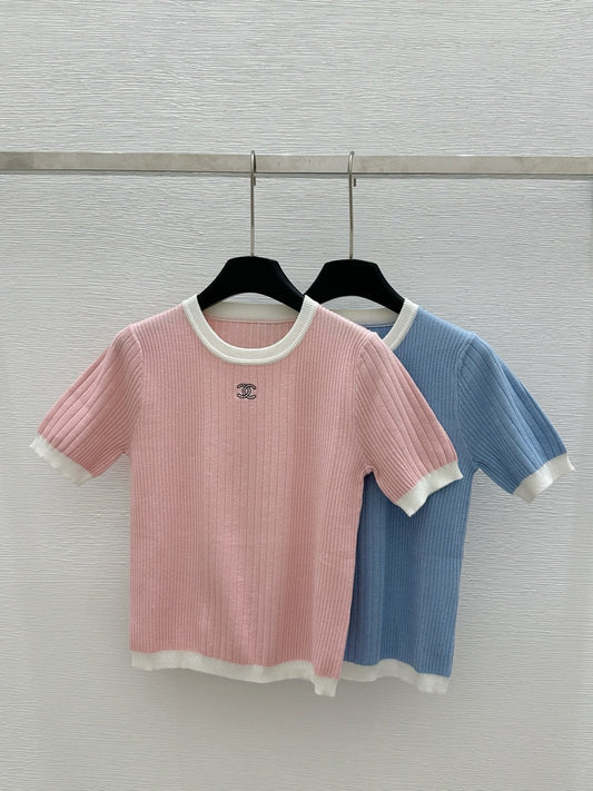 2025 Spring and Summer New Round Neck Slim Fit Knitted Short Sleeve