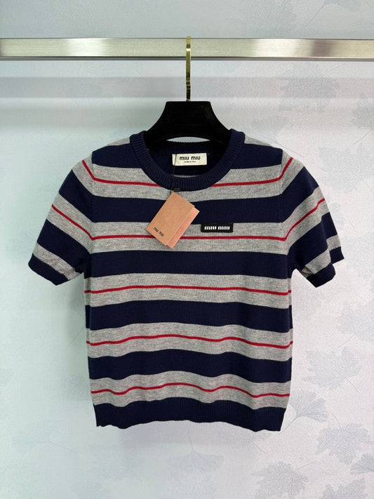 25Crew Neck Striped Short Sleeve Knit