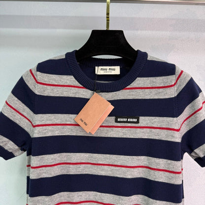 25Crew Neck Striped Short Sleeve Knit