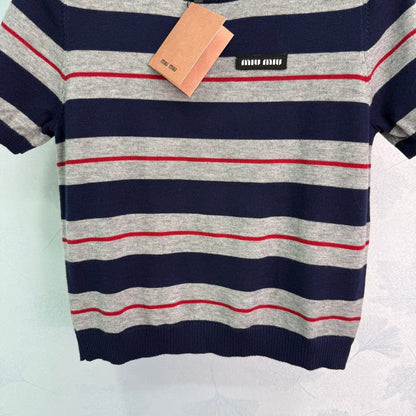 25Crew Neck Striped Short Sleeve Knit