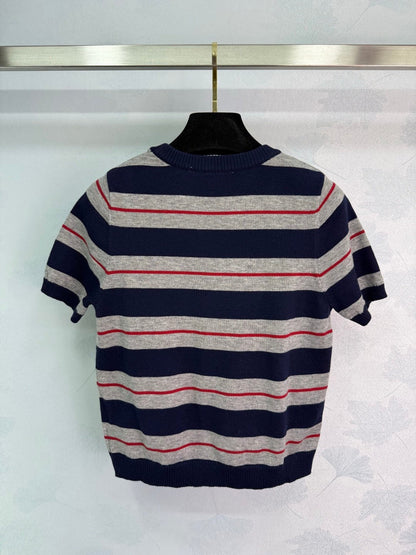 25Crew Neck Striped Short Sleeve Knit