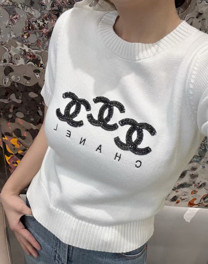25 New double C letter sequin embroidery round neck short sleeves