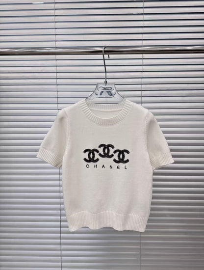 25 New double C letter sequin embroidery round neck short sleeves