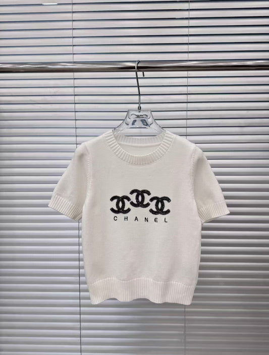 25 New double C letter sequin embroidery round neck short sleeves