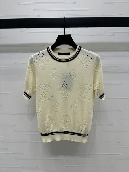 2025 Spring and Summer New Hollow Logo Round Neck Knitted Short Sleeve