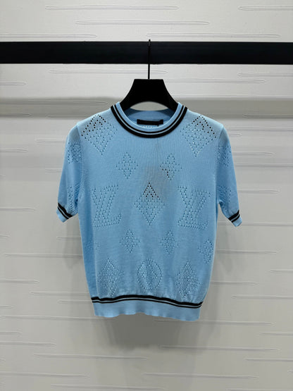 2025 Spring and Summer New Hollow Logo Round Neck Knitted Short Sleeve