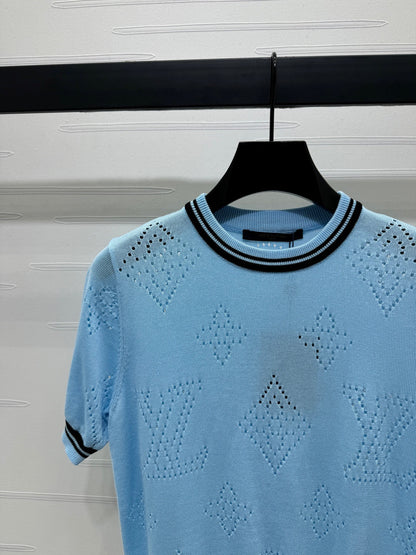 2025 Spring and Summer New Hollow Logo Round Neck Knitted Short Sleeve