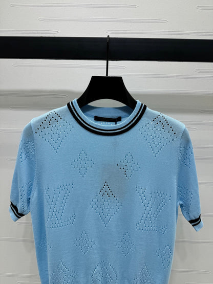 2025 Spring and Summer New Hollow Logo Round Neck Knitted Short Sleeve