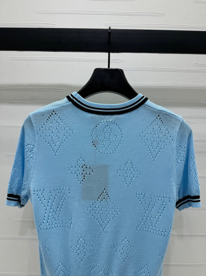 2025 Spring and Summer New Hollow Logo Round Neck Knitted Short Sleeve